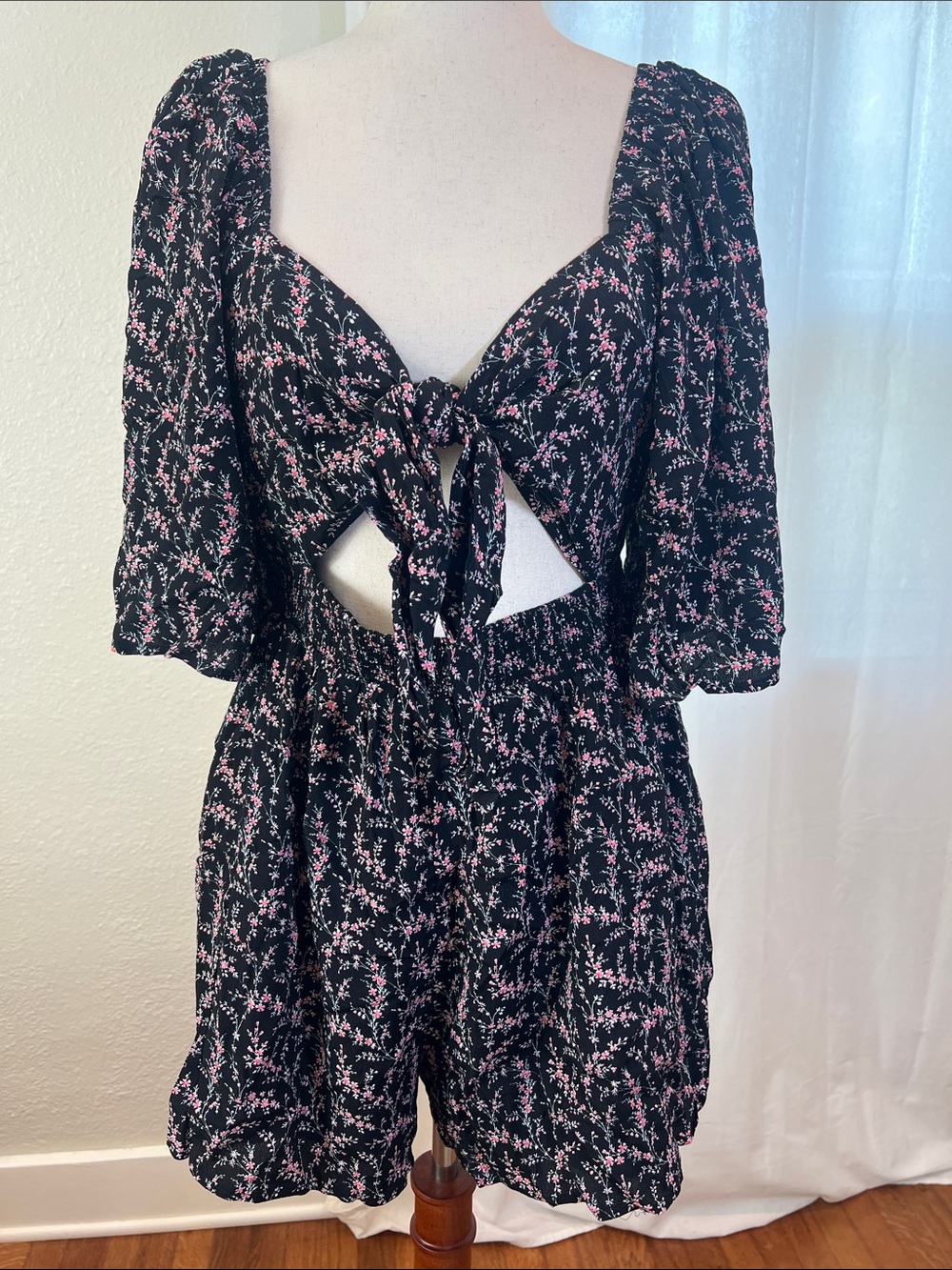 Free the Roses Black Romper with Pink Floral Sprigs